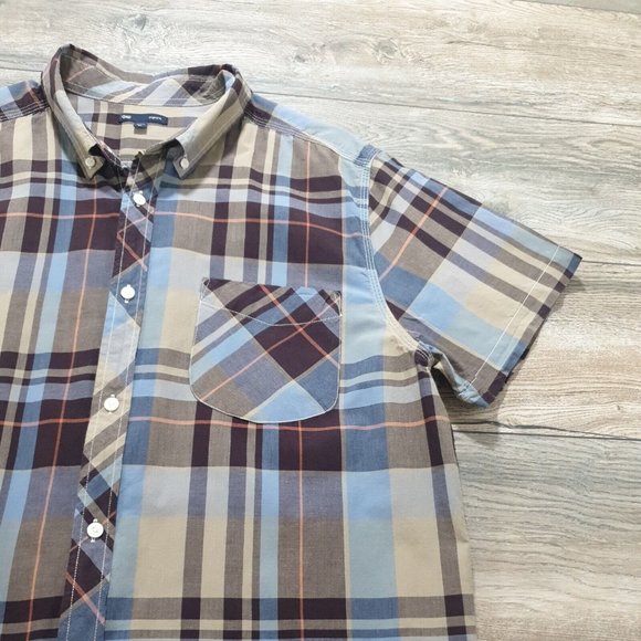 Gap Men XL Short Sleeve Shirt Casual Cotton Blue Brown Plaid Vacation Travel - Picture 7 of 10